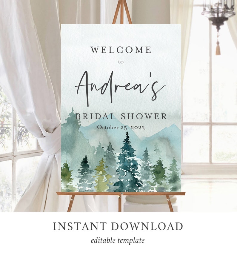 Op de afbeelding: Een afdrukbaar welkomsbord voor een bruidsdouche met een aquarel achtergrond met een bos sc&egrave;ne met bergen en bomen. De tekst luidt "Welkom bij Andrea's Bridal Shower op 25 oktober 2023".