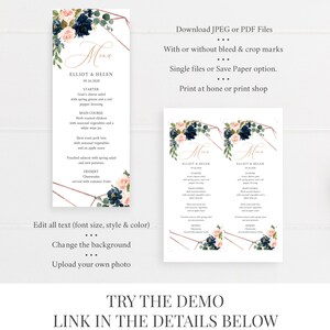 May include: A printable wedding menu template with a floral design featuring navy blue and pink flowers. The menu includes the text "Mine", "Elliot & Helen", "09.26.2020", "Starter", "Goat's cheese salad with spring greens and a red pepper dressing", "Main Course", "Herb roasted chicken with seasonal vegetables and a white wine jus", "Slow roast pork loin with seasonal vegetables and an apple sauce", "Poached salmon with spring salad and new potatoes", "Dessert", "Cheesecake served with summer fruits".