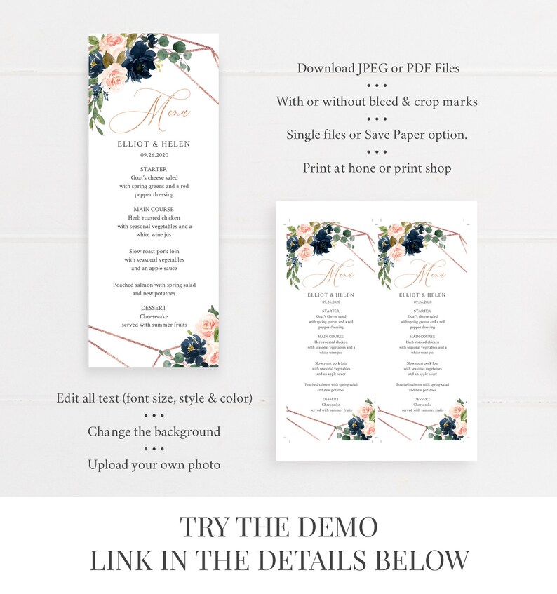 May include: A printable wedding menu template with a floral design featuring navy blue and pink flowers. The menu includes the text "Mine", "Elliot & Helen", "09.26.2020", "Starter", "Goat's cheese salad with spring greens and a red pepper dressing", "Main Course", "Herb roasted chicken with seasonal vegetables and a white wine jus", "Slow roast pork loin with seasonal vegetables and an apple sauce", "Poached salmon with spring salad and new potatoes", "Dessert", "Cheesecake served with summer fruits".