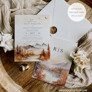 May include: Wedding invitation with a watercolor illustration of a mountain lake and forest in autumn colors. The invitation text includes the names Riley Hodgson and Shaun Parkinson, the date 15 OCT XX, and the location North Lakes Country Club. The invitation also includes the text "Reception to follow".