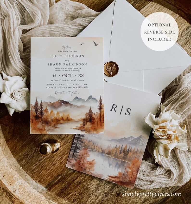 May include: Wedding invitation with a watercolor illustration of a mountain lake and forest in autumn colors. The invitation text includes the names Riley Hodgson and Shaun Parkinson, the date 15 OCT XX, and the location North Lakes Country Club. The invitation also includes the text "Reception to follow".