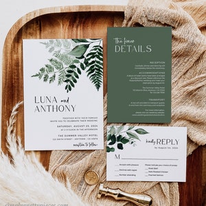Modern Botanical Editable Wedding Invitation Suite, Greenery Minimal Photo Invite, Fern RSVP Details Printable Template, Inst Download 586-A