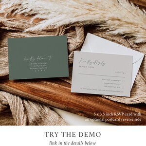 May include: A green and gray RSVP card with the text "kindly deliver to" and an address. The card is 5 x 3.5 inches and has an optional postcard reverse side. The card is on a wooden surface with a tan fabric background.