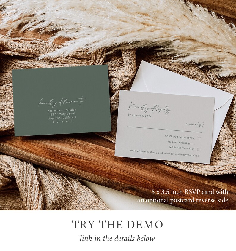 May include: A green and gray RSVP card with the text "kindly deliver to" and an address. The card is 5 x 3.5 inches and has an optional postcard reverse side. The card is on a wooden surface with a tan fabric background.