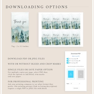 May include: Printable thank you tags with a watercolor design of a mountain range and pine trees in shades of green and blue. The text "Thank you" is printed in black with the names "Helen & Ellise" and the date "October 16, 2021". The tags are 2 inches by 3.5 inches.