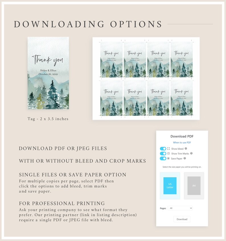 May include: Printable thank you tags with a watercolor design of a mountain range and pine trees in shades of green and blue. The text "Thank you" is printed in black with the names "Helen & Ellise" and the date "October 16, 2021". The tags are 2 inches by 3.5 inches.