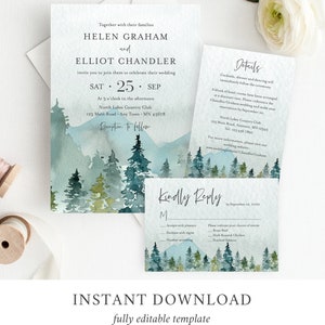 May include: A watercolor wedding invitation with a mountain and forest scene. The invitation is for Helen Graham and Elliot Chandler, and the wedding is on September 25th. The invitation includes details about the ceremony and reception, as well as a RSVP card.