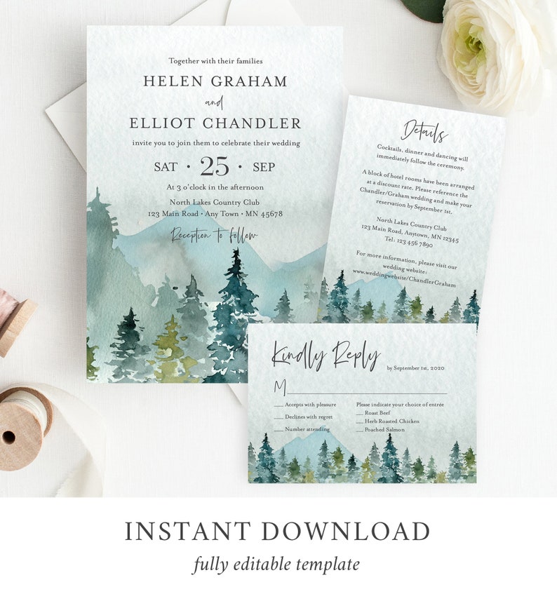 May include: A watercolor wedding invitation with a mountain and forest scene. The invitation is for Helen Graham and Elliot Chandler, and the wedding is on September 25th. The invitation includes details about the ceremony and reception, as well as a RSVP card.
