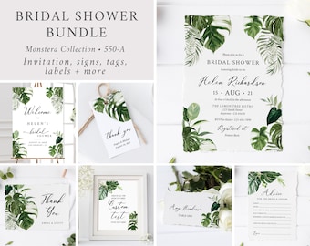Greenery Bridal Shower Set, Monstera Bridal Shower Bundle, Tropical Foliage Bridal Shower Package, Printable Invite, Editable Template 550-A