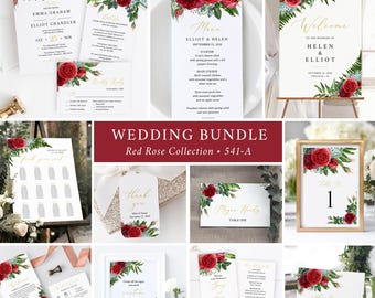 Rose Wedding Stationery Set, Rose and Fern Wedding Invitation Kit, Red Rose Wedding Bundle, Rose Wedding Pack Winter Editable Template 541-A