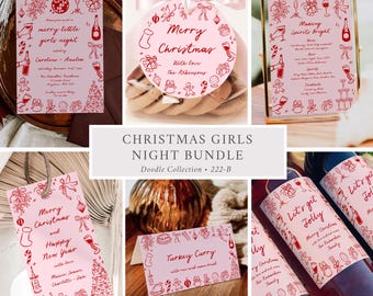 Printable Holiday Cocktails Invitation Pack, Merry Little Girls Night Bundle, Doodles, Editable Template, 222-B