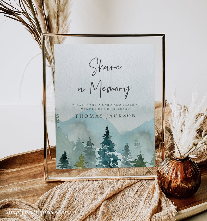 Woodland Share a Memory Card Man, Funeral Share a Memory Mountain Memorial Share Memory Card Sign, Celebration Life Editable Template, 531-A image 2