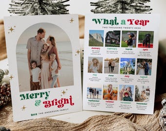 What a Year Christmas Card, Boho Year in Review Picture Collage 12 Monthly Photos, Editable Template 214-A