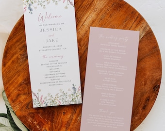 Wildflower Ceremony Program, Dusty Pink Wedding Program Template, Summer Wedding Order of Service, Editable Boho Program Printable, 522-A