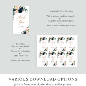 May include: A printable thank you card featuring a floral design in shades of pink, blue, and green. The text "Thank You" is written in a script font with the names "Amelia & Scott" and the date "August 16, 2020" below. The card is available for download in JPEG or PDF format with or without bleed and crop marks.