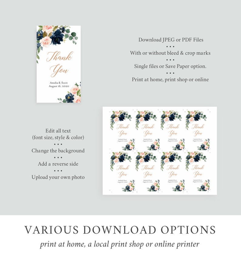 May include: A printable thank you card featuring a floral design in shades of pink, blue, and green. The text "Thank You" is written in a script font with the names "Amelia & Scott" and the date "August 16, 2020" below. The card is available for download in JPEG or PDF format with or without bleed and crop marks.