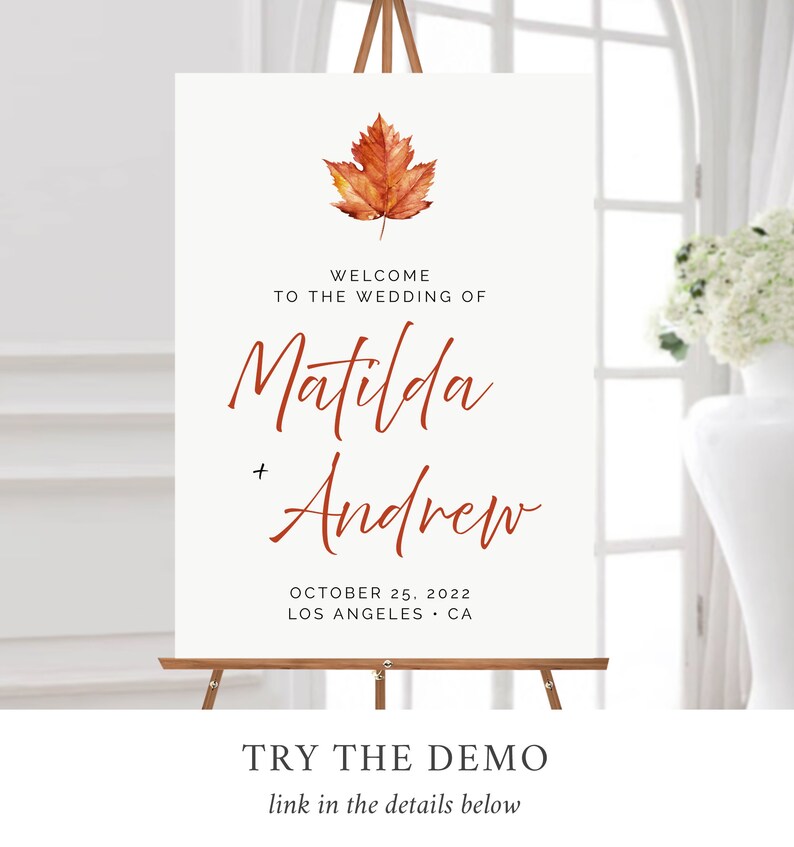 Maple Leaf Fall Editable Wedding Welcome Sign, Burnt Orange Shower, Unlimited Signs, 16 x 20 18 x 24 24 x 36 Template Instant Download 567-A image 3