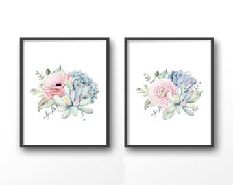 Succulent Printable Wall Art, Watercolor Succulent Home Decor, Botanical Wall Art, Plant Art Gift, Modern Scandi, Set of 2, Instant Download