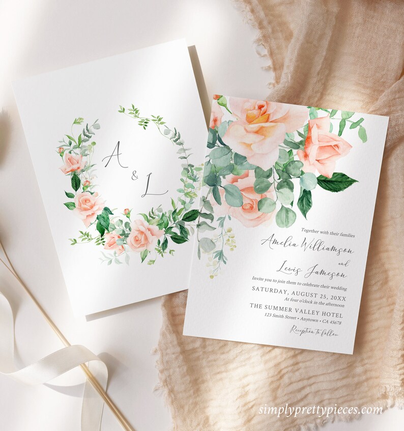 Peach Wedding Invitation Eucalyptus Wedding Invite Printable Wedding Invite Peach Rose Invite Foliage Invitation Editable