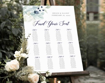 Winter Wedding Printable Seating Chart, Navy Silver Gray Floral Editable Table Plan, 18 x 24 24 x 36, A1 A2, Template Instant Download 544-A