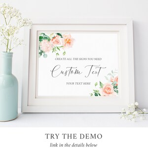 Op de afbeelding: Een wit frame met een bloemenontwerp en de tekst "CREATE ALL THE SIGNS YOU NEED Custom Text YOUR TEXT HERE".
