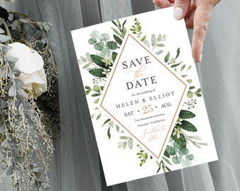 Greenery Rose Gold Editable Save the Date, Botanical Printable Save the Date DIY Template, Foliage Frame Save Date, Instant Download, 528-A
