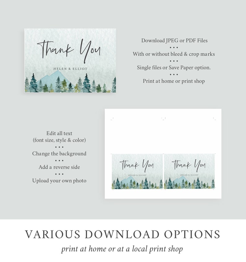Puede incluir: Una descarga digital para una tarjeta de agradecimiento con un dise&ntilde;o de monta&ntilde;a y bosque en acuarela. El texto "Gracias" est&aacute; escrito en letra cursiva negra con los nombres "Helen & Elliot" debajo. La tarjeta es personalizable con opciones para editar el texto, cambiar el fondo, agregar un reverso y cargar una foto.