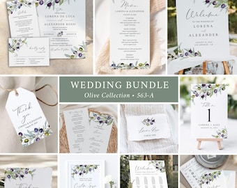 Mediterranean Wedding Set, Italian Wedding Invitation Suite Templates, Olive Wedding Stationery Bundle, Olive Branch Pack, Editable 563-A