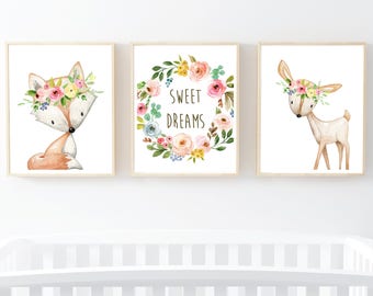Sweet Dreams Woodland Animals Boho Printable Nursery Art, Forest Animals, Floral Nursery Art Deer Fox Art Set of 3 Instant Download 602-A