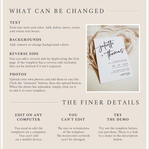 May include: A guide to customizing a wedding invitation template. The text explains what can be changed, such as the font, background colors, and photos. It also explains what cannot be changed, such as the size or orientation of the template. The image shows a sample wedding invitation with the names "Juliette + Thomas" in elegant calligraphy.