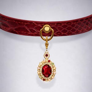 May include: A red textured collar with a gold-toned ring attachment holding an oval pendant. The pendant features a large central red stone surrounded by smaller clear, red, and green stones. Text reads FURÉVIA INTERCHANGEABLE JEWELLERY PENDANT COLLAR.