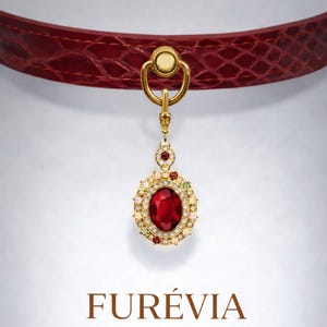 Red Croc Leather Dog Collar, Crystal Charm Pendant, Small Pet Necklace