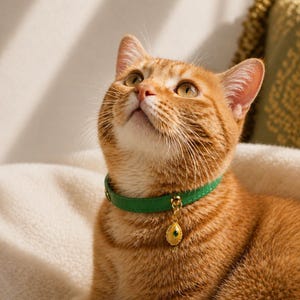 May include: An orange tabby cat wearing a green leather collar with a gold pendant. The pendant has a yellow gemstone. The cat is looking upwards. The text "FUREVIA LUXURY PET JEWELRY COLLECTION" is at the bottom.