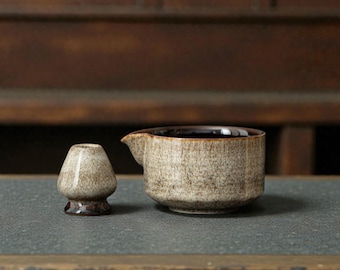Wabi Sabi Matcha Bowl Set – Spouted Japanese Katakuchi, Bamboo Whisk & Ceramic Stand, Tea Lover Gift