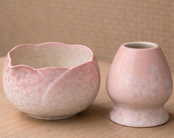 Set roze Sakura Matcha-kom – kristalglazuur Japanse theeceremonieset, handgemaakt matcha-cadeau