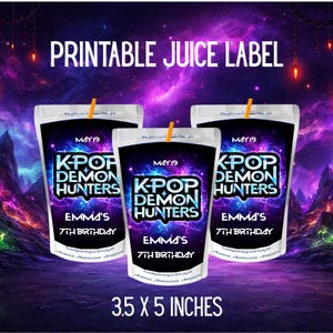 May include: Printable juice label featuring three juice pouches with the text "K-Pop Demon Hunters" and "Emma's 7th Birthday." The pouches are 3.5 x 5 inches and have a purple and blue galaxy background. The text "Printable Juice Label" is at the top.
