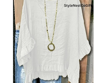 Women V-Neck Tunic Top Loose Fit Blouse Short Sleeve Shirt