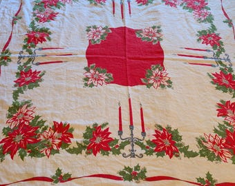 Vintage 1950s Christmas Tablecloth | Poinsettia & Candle Holiday Table Linen | Retro Christmas Decor | Mid Century Holiday