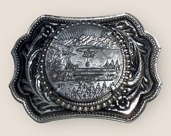 Vintage Western Silver-tone Belt Buckle Scenic Mountain and Logging Design