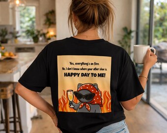 Chat avec foulard tenant un t-shirt champagne « Happy Day to Me », cadeau de fête des mères pour maman, cadeau nouvelle maman, cadeau pour maman, cadeau future maman