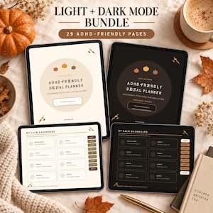 Könnte beinhalten: Ein digitales Planer-Bundle mit hellen und dunklen Versionen und 29 ADHS-freundlichen Seiten. Die Bildschirme zeigen ein herbstliches Thema mit Kürbis-Symbolen, Dashboard-Layouts und Texten wie ADHD-FRIENDLY DIGITAL PLANNER und MY CALM DASHBOARD.