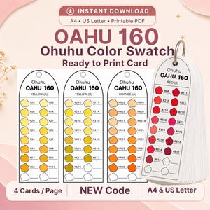 May include: A printable Ohuhu Oahu 160 color swatch card set featuring organized color codes for yellow, orange, and red markers. The cards are displayed in a fan-like stack on a metal ring, with additional flat card layouts showing labels like Yellow (A), Yellow (B), Orange (A), and Red (B).