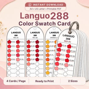 Peut inclure: Un ensemble de nuanciers Languo 288 composé de plusieurs cartes blanches à bords arrondis, maintenues par un anneau métallique. Chaque carte présente des rangées d'échantillons de couleurs en forme de fleur, rouges et orange, avec des codes.