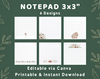 Bloc de notas de 3x3 pulgadas, plantilla imprimible y editable para Canva, bloc de notas vintage con diseño floral, mini notas, descarga digital.