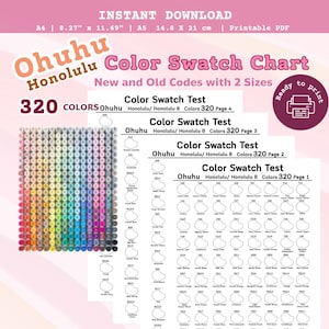 May include: A printable color swatch chart for Ohuhu Honolulu markers, featuring 320 colors. The chart includes color tests and is available in A4 (8.27" x 11.69") and A5 (14.8 x 21 cm) sizes. The design includes the text "Color Swatch Chart".