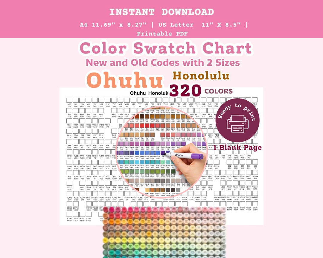 Ohuhu Honolulu 320 Color Swatch Chart Printable PDF, New & Old Codes ...
