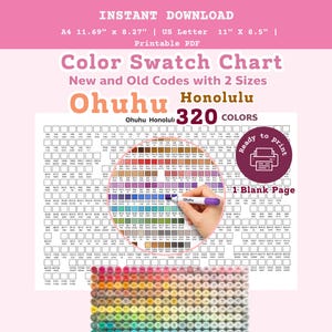 Peut inclure: Un nuancier de couleurs imprimable avec le texte "Color Swatch Chart" et "Ohuhu Honolulu 320 Colors". Le tableau comprend un cercle chromatique et une main tenant un marqueur. Le tableau est disponible en formats A4 (29,69 cm x 21 cm) et US Letter (27,94 cm x 21,59 cm).