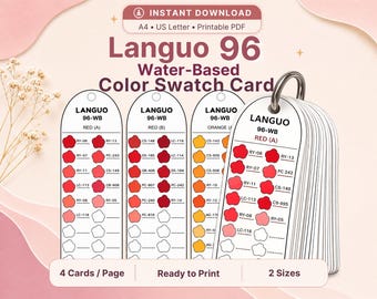 Tarjeta de muestras de color Languo de 96 colores, imprimible en PDF, para marcadores a base de agua, tamaño A4 (carta estadounidense), descarga digital.