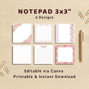 May include: A collection of six 7.6 x 7.6 cm floral notepads. Each notepad has a unique design, such as lined, dotted, and grid pages, with pink and peach floral details. A pen and paperclips are also visible in the image.