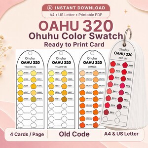 Pode incluir: Um conjunto de cartões de amostra de cores Ohuhu Oahu 320 imprimíveis, apresentando vários cartões verticais com códigos de cores rotulados e amostras circulares em tons de amarelo, laranja e vermelho, organizados num anel de metal.